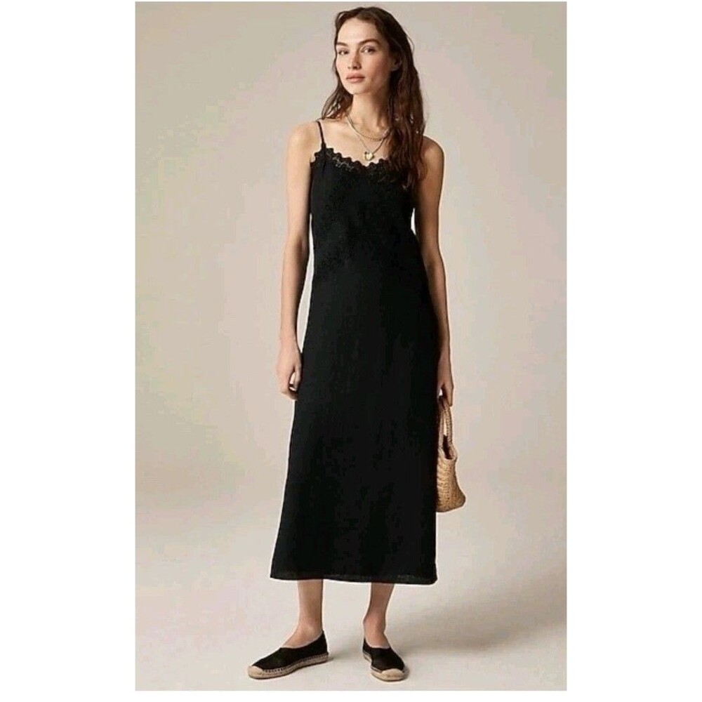 J.Crew Lace-Trim Slip Dress in 100% Linen Black Sundress CK821 $178 Size 6 NWT